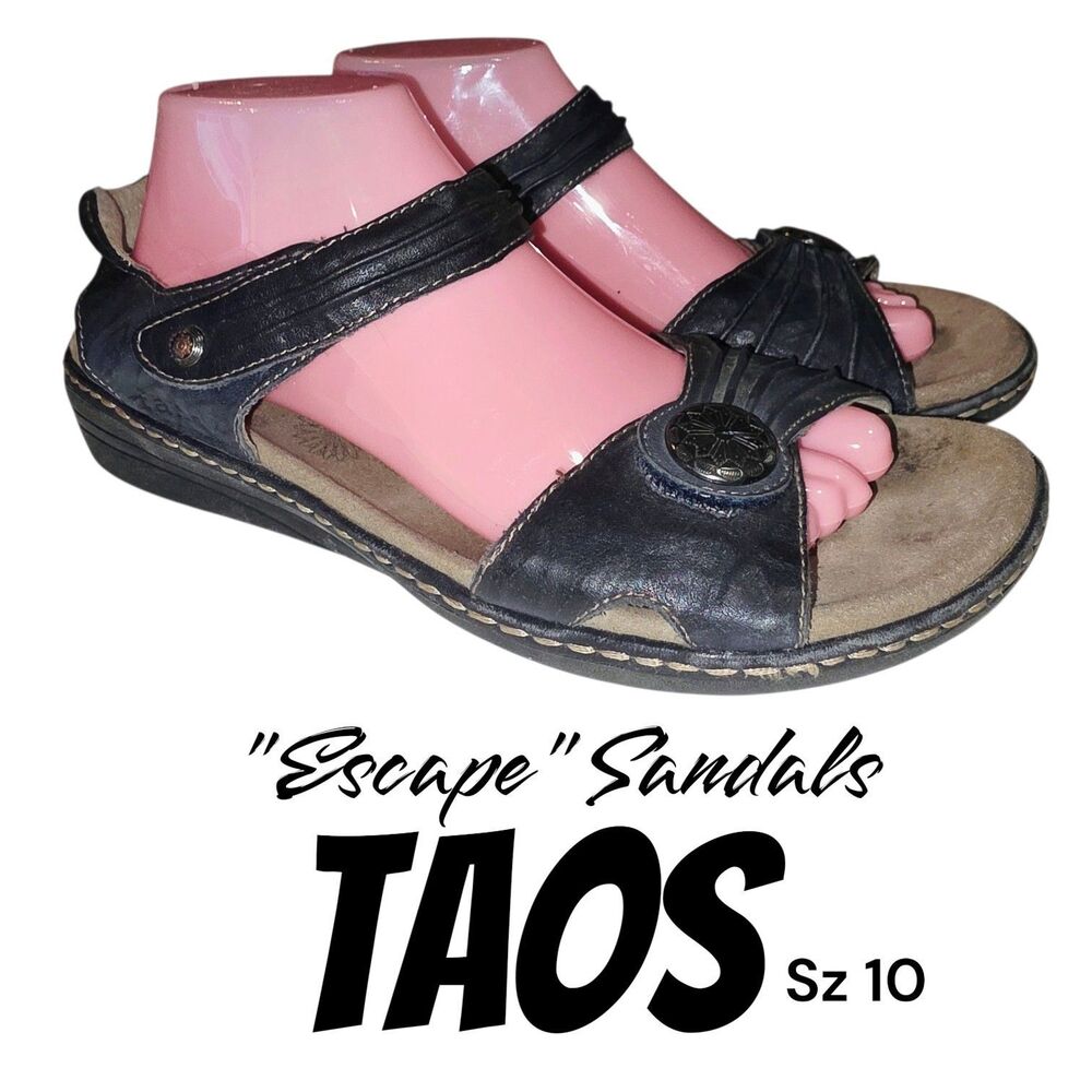 Taos Sz10 Escape Arch Support Black Leather Upper Casual Distressed Logo Sandals